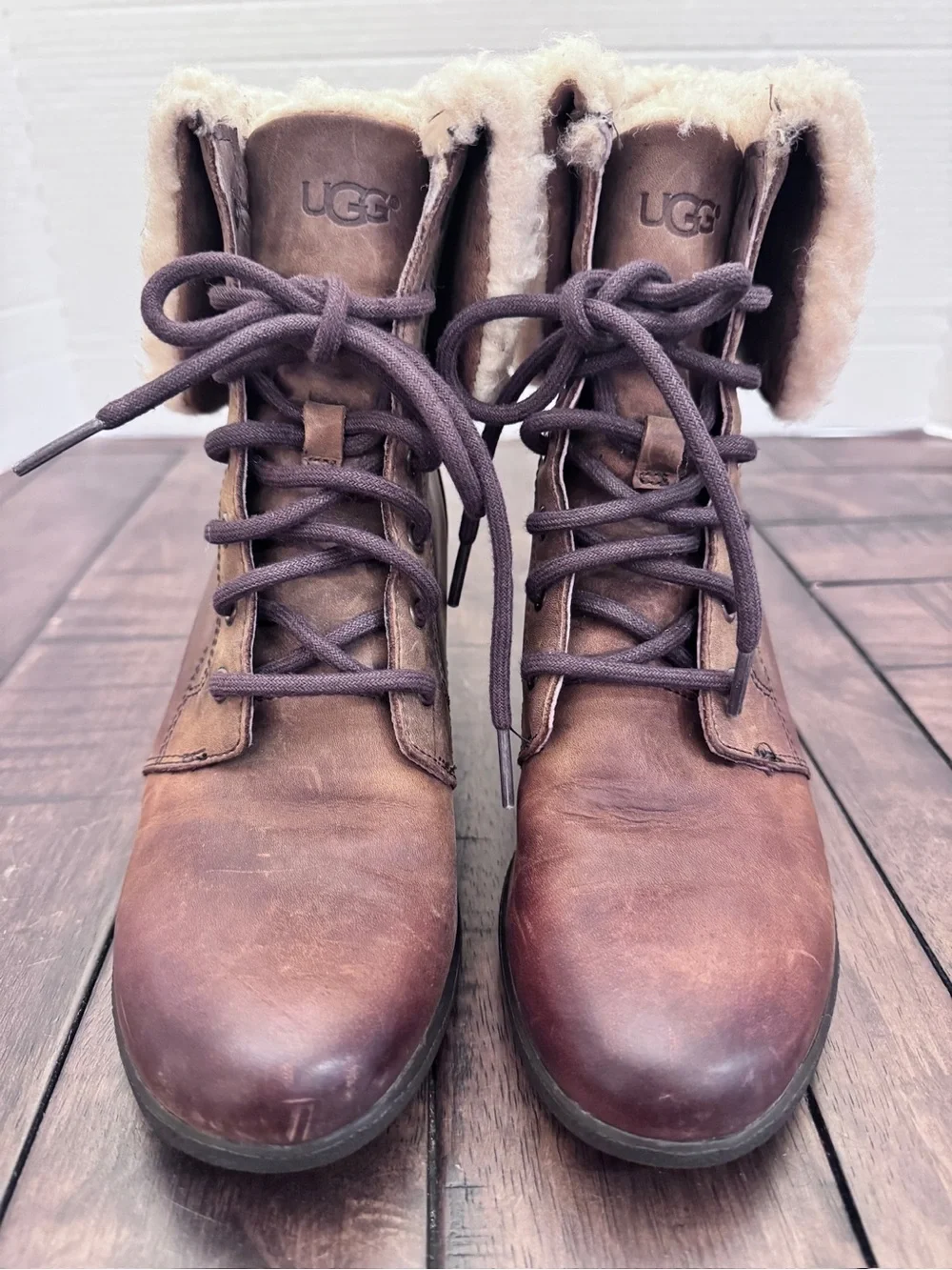 UGG Zea Wedge Winter Boots Womens Size 7 EUR 38 Brown Leather Sheepskin Gorpcore
